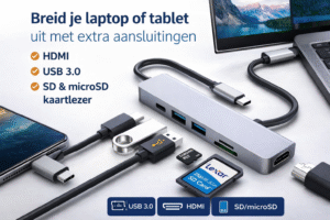 USB-C hub advertentie met HDMI, USB 3.0 en SD/microSD kaartlezer, aangesloten op laptop en smartphone met duidelijke productvoordelen in beeld.