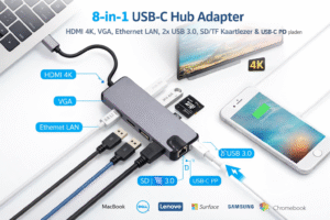 8-in-1 USB-C hub adapter met HDMI 4K, VGA, Ethernet LAN, 2x USB 3.0, SD/TF kaartlezer en USB-C Power Delivery opladen