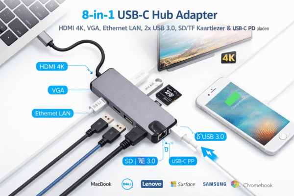 8-in-1 USB-C hub adapter met HDMI 4K, VGA, Ethernet LAN, 2x USB 3.0, SD/TF kaartlezer en USB-C Power Delivery opladen