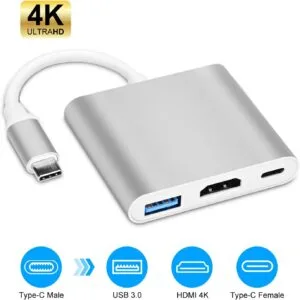 Compacte USB-C hub 3-in-1 met HDMI 4K, USB 3.0 en Power Delivery. Ideaal voor MacBook, Chromebook en laptops met USB-C. Plug & Play.